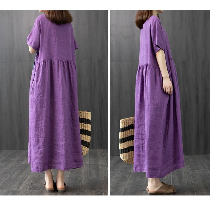 Summer Literature Plus Loose Fit Solid Color Cotton Linen Round Neck Short Sleeved Mid To Long Length Dress for Women Casual Dresses