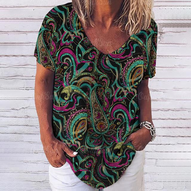 Винтажный топ с принтом, женская уличная одежда с короткими рукавами, летняя футболка, женская модная повседневная футболка с v-образным вырезом, женская одежда большого размера Y2k