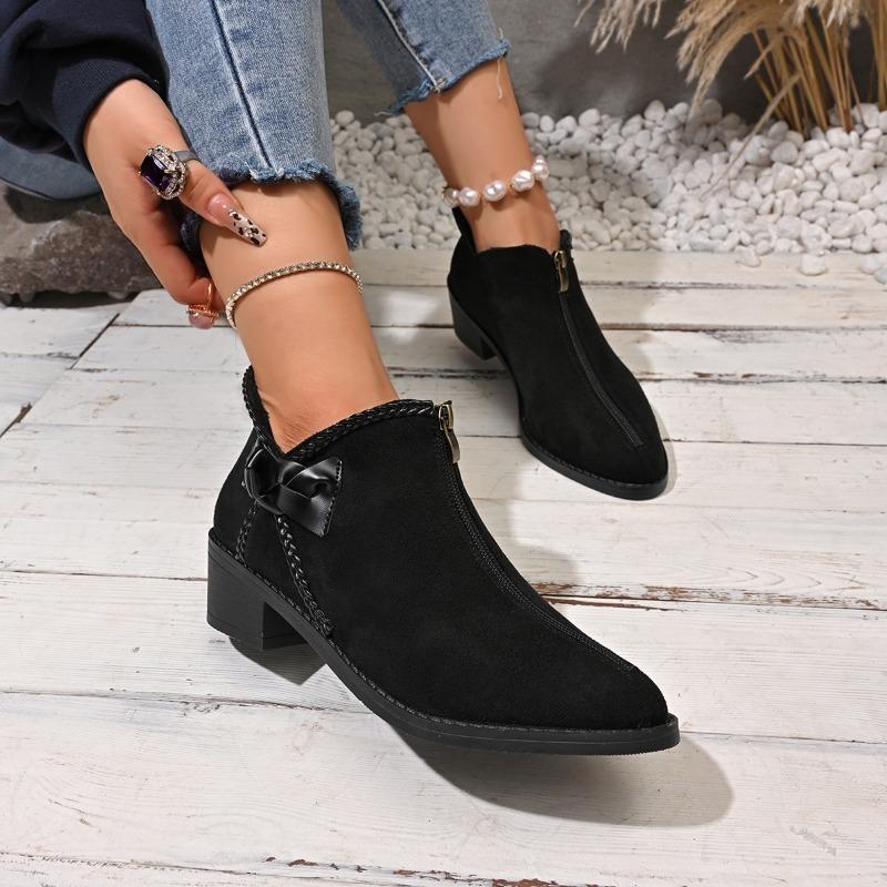 New Winter Chunky Cotton Boots Women's Pointed Suede Butterfly Knot Side Zipper Soft-soled Non-slip Ankle Boots