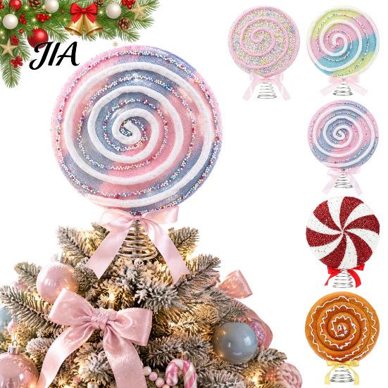 Candy Themed Party Supplies Macaron Spiral Lollipop Christmas Tree Topper, Foam Ornament with Colorful Fake Sweets Bow, Sweet Decoration Prop