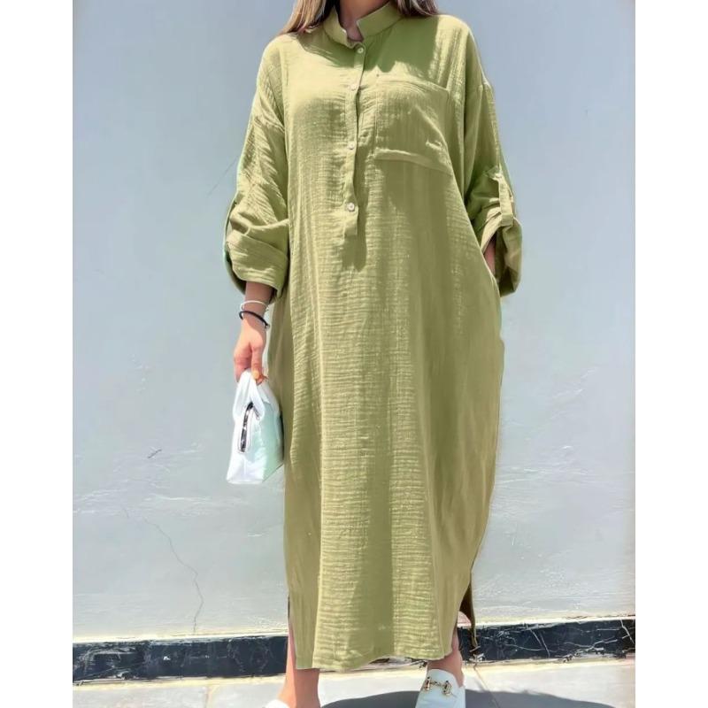 Винтажные женские летние хлопковые льняные длинные платья с воротником-рубашкой и закрученными пуговицами на каждый день