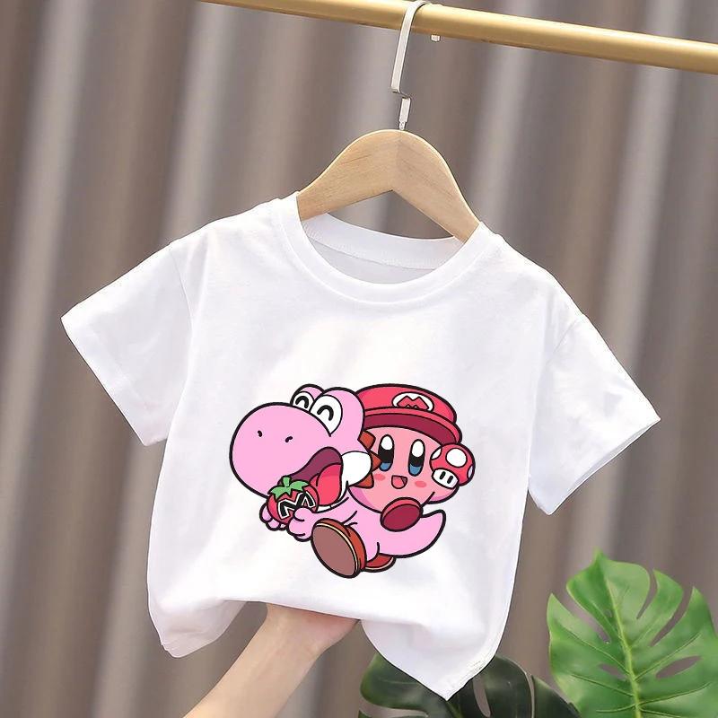 Kirbys Shirt Summer O-neck Round T-shirt Baby Cotton Short-Sleeve Tops Girl Solid Color Kid Printed Anime White Tshirt Cute Tees