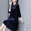 Women's Gold Velvet Dress Spring Autumn Round Neck Solid A Line Dress Midi Length Dresses