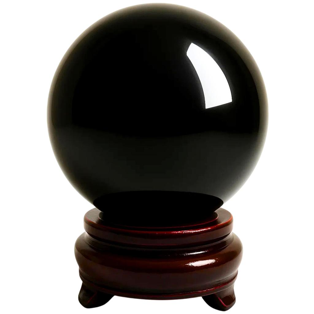 East Leaf Obsidian Sphere Figurine, Natural Stone, Power Stone, Black Quartz, Amulet, Purification, Meditation, with Base (10cm Diameter)