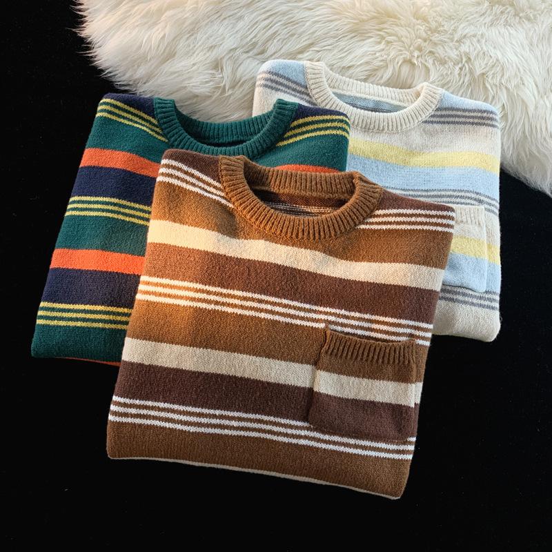 Контрастная полосатая шерстяная одежда для мужчин на осень и зиму, свободные свитера с круглым вырезом в стиле Гонконга, модные ретро-свитера в стиле кэжуал