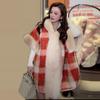 Winter Loose Velvet Thickened Plaid Hooded Fur Collar Cape Shawl Women'S Knitted Cardigan Jacket 0139 #