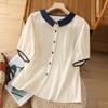 Летняя рубашка Xiaoxiangfeng Color Blocked Doll Collar Hollow Short Sleeves Top для женщин