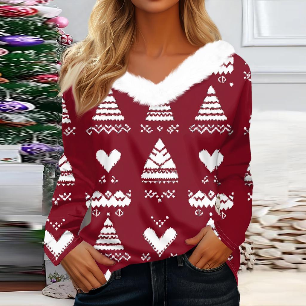 Женская мода с длинным рукавом, рождественский принт, плюшевый ворот, V-образный вырез, пуловер, топ