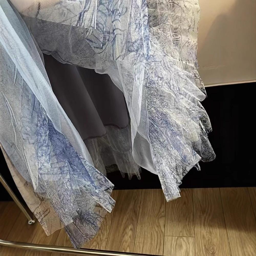 Qooth Женская А-силуэтная юбка из тюля с градиентом и оборками, широкий подол, средней длины, эластичная талия, повседневная юбка QT2636