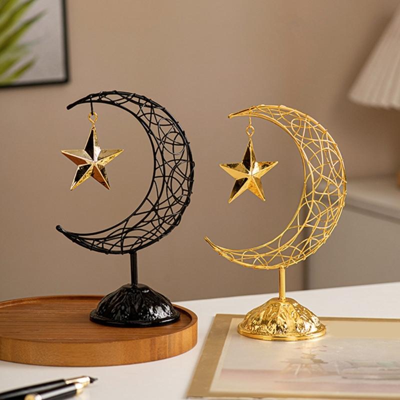 Artistic Middle Eastern Iron Moon Star Sculpture With Base Eid Ramadans Hollowout Ornament for Muslims Party Supplies