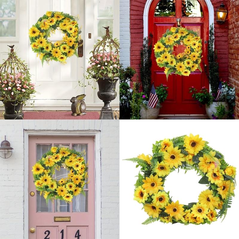 Artificial Sunflowers Wreath for Front Door Farmhouses Wedding Holiday Decorations, Front Door Wreath Spring Wreath