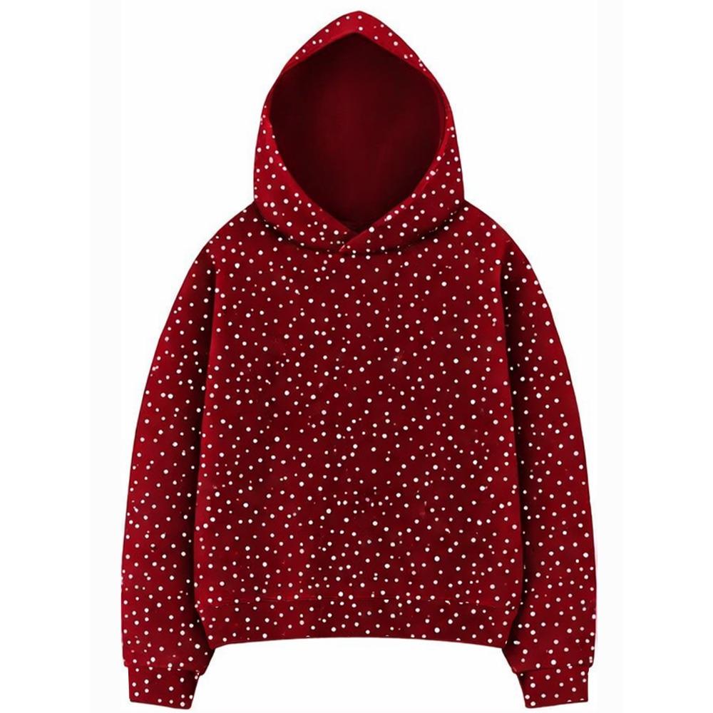 Women Rhinestone Hoodie Long Sleeve Loose Cropped Pullover Hooded Sweatshirt Casual Streetwear Top