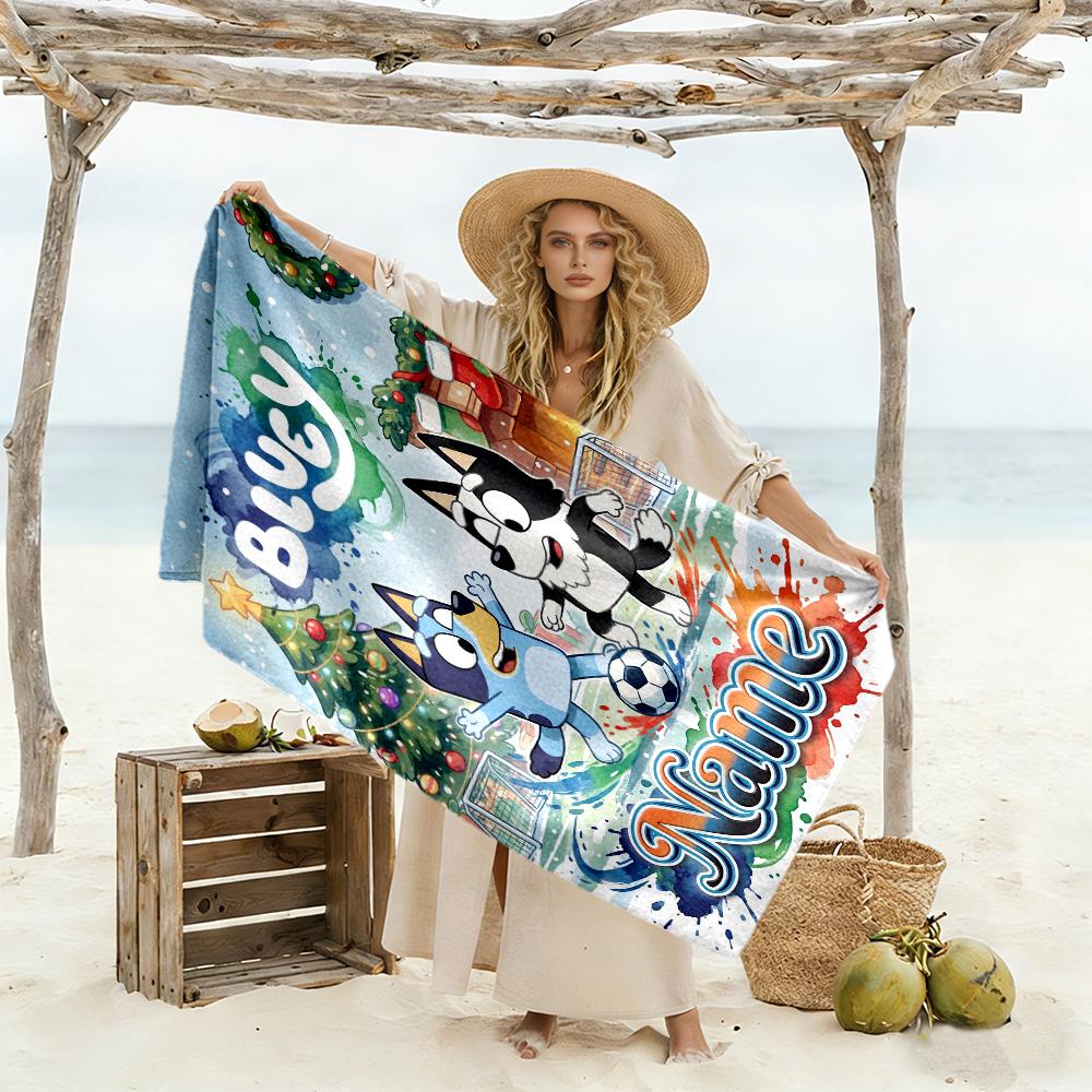 Bluey's Christmas Adventure Personalized Name Beach Towel Quick-Dry Soft Microfiber Perfect for Traveling Yoga Camping and Swimming