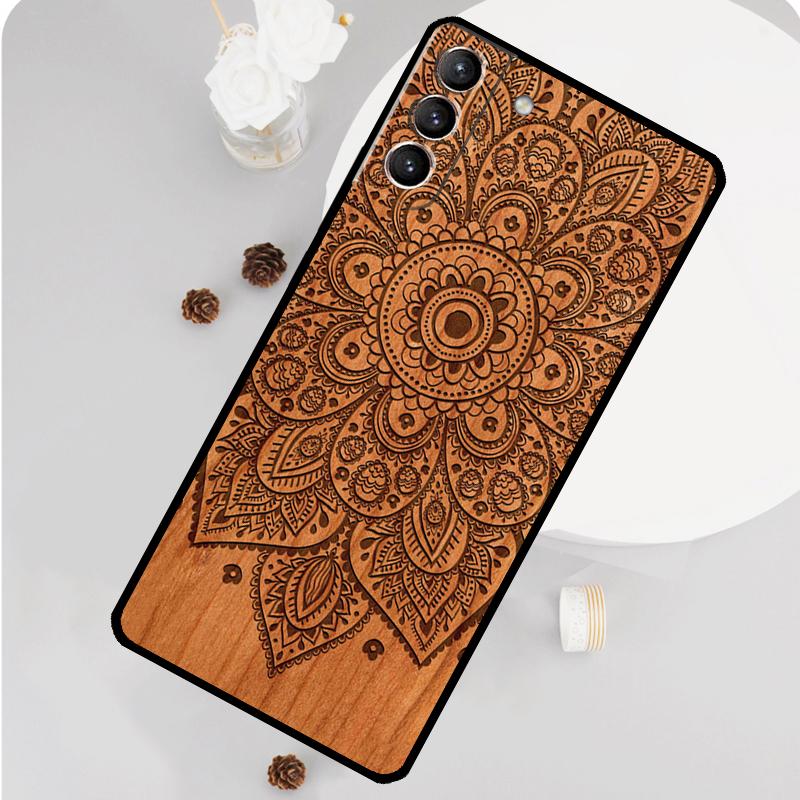 Mandala Floral Wood Phone Case For Samsung Galaxy S25 S26 Ultra S20 S21 S22 S23 S24 S10 Plus S25 FE Funda Cover
