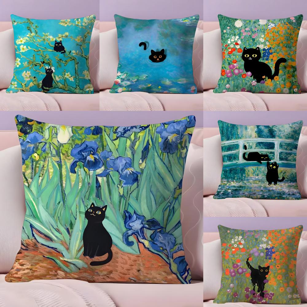 Cute Black Cat Oil Painting Cushion Cover Plush Fabric DoubleSided Printed Invisible Zipper Sofa Pillow Case Home Bedroom Decor