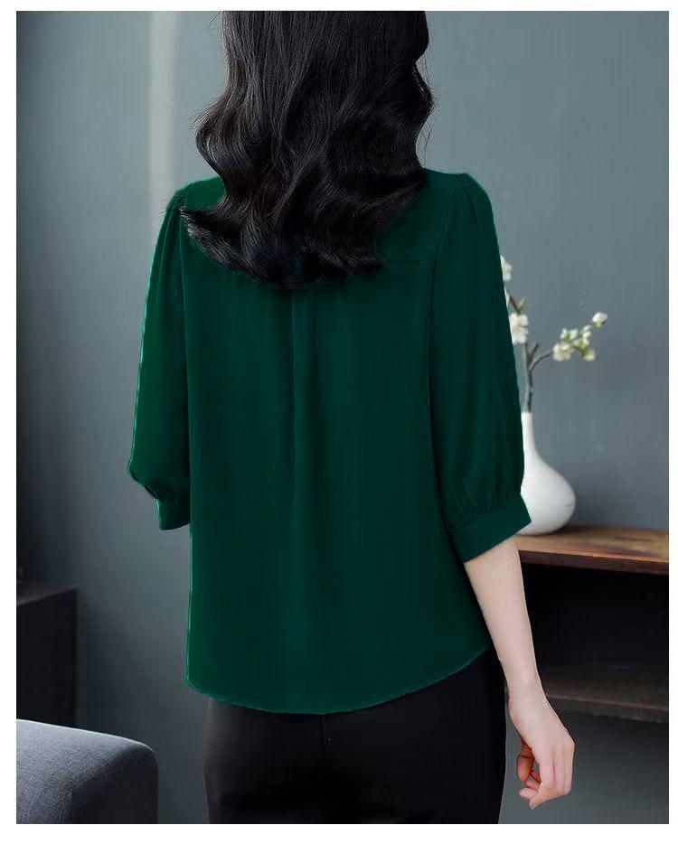 Элегантная женская рубашка с рукавом семь восьмых однотонной расцветки - Летне-осенний топ свободного кроя из коллекции для мам