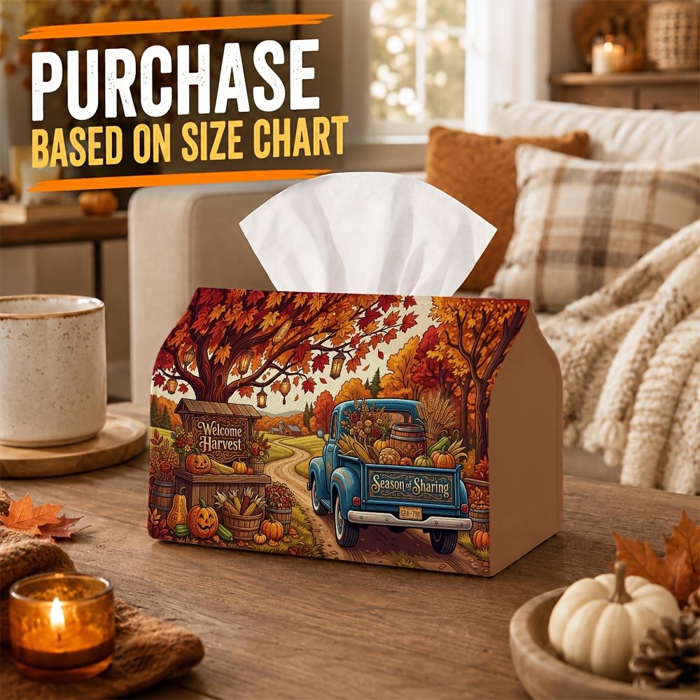 1pc Rustic Farmhouse Tissue Box with Truck-Themed Pumpkin & Apple - Suitable for Rolls/Face Tissues/Singles, Napkin Holder for Fall Harvest Table Deco
