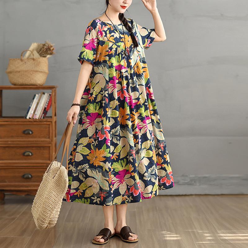 DIMANAF 2025 Women Plus Size Spring Summer Dress Casual Floral Dress Basic Vintage Loose Long Dress Maxi 9296