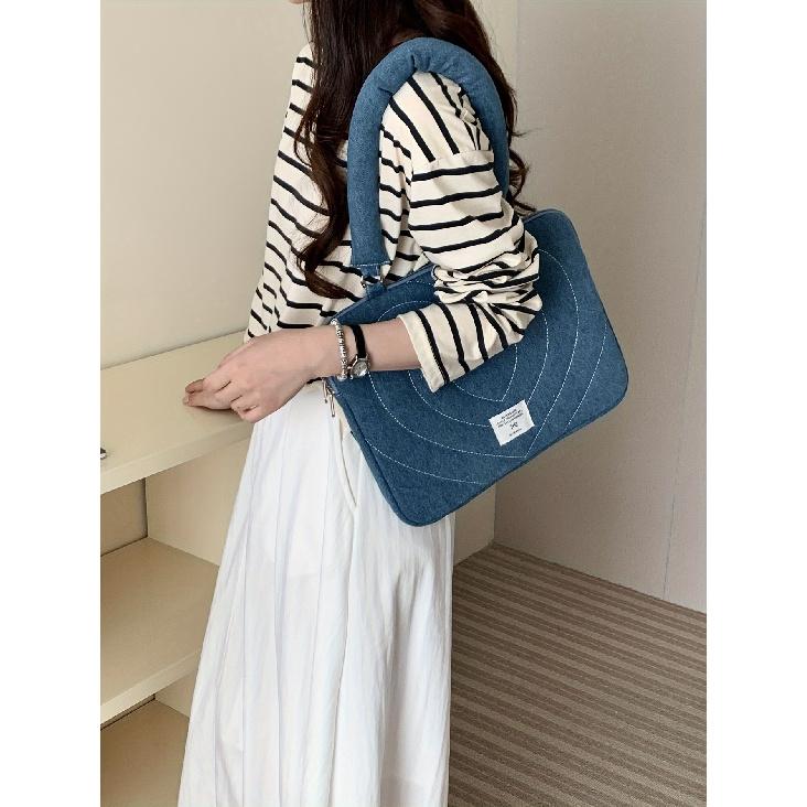 Shockproof Laptop Bag Korean Style Heart Embroidered Design With Polyester Lining Comfortable Shoulder Strap Personality Cute Bow Shoulder Tote Bag
