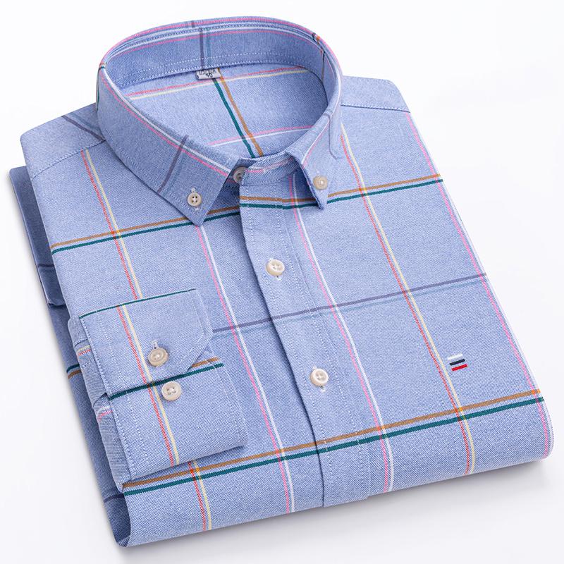 100% Cotton Men's Oxford Shirts Long Sleeve Casual Plaid Soft Regular Fit Formal Dress Shirt Social Blouse Male Clothes 7XL 6XL