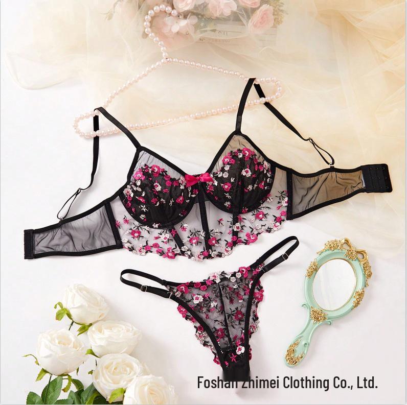 European and American Floral Mesh Sexy Breathable Adjustable Thong with Embroidered Open Cups and Three-Button Suspender