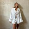 Solid Linen Lace Up Bow Shirts Women Turn-down Collar Lantern Sleeve Blouse Ruffles Summer