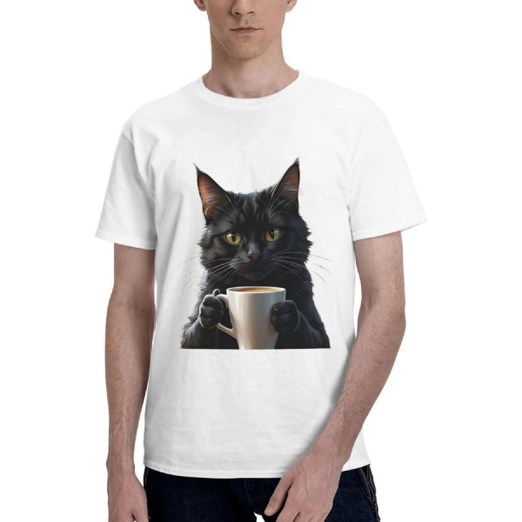 Кофе Кот Футболка с коротким рукавом Мерч Классический крой Круглый вырез Мужская(1)