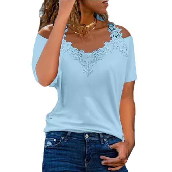 Футболка женская новая мода 2025 года лето V-образный вырез короткий рукав кружева полые однотонные повседневные свободные футболки женские футболки