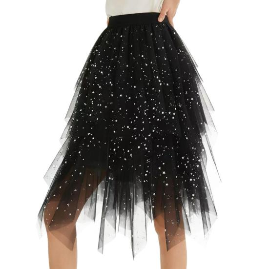 Женская юбка Звездное небо Двухслойная сетка Высокая талия Неровный подол Асимметричный высокий разрез Юбка для вечеринки/выступления