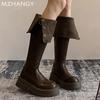 Модные женские кожаные высокие сапоги на платформе, туфли на плоской подошве, высокие сапоги до колена, женские трендовые зимние платья 2025 года, готические ретро-сапоги для снега, Mujer Botas