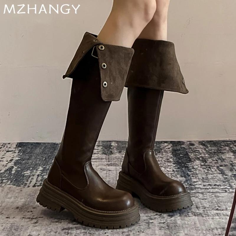 Модные женские кожаные высокие сапоги на платформе, туфли на плоской подошве, высокие сапоги до колена, женские трендовые зимние платья 2025 года, готические ретро-сапоги для снега, Mujer Botas
