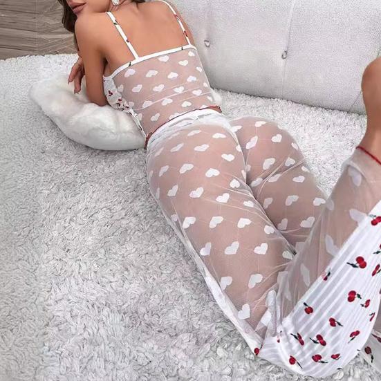 2 шт./комплект женский жилет брюки костюм бант сердечко принт без рукавов сборка кант топ сетчатые лоскутные брюки домашняя одежда одежда для сна наряд летняя одежда для отдыха