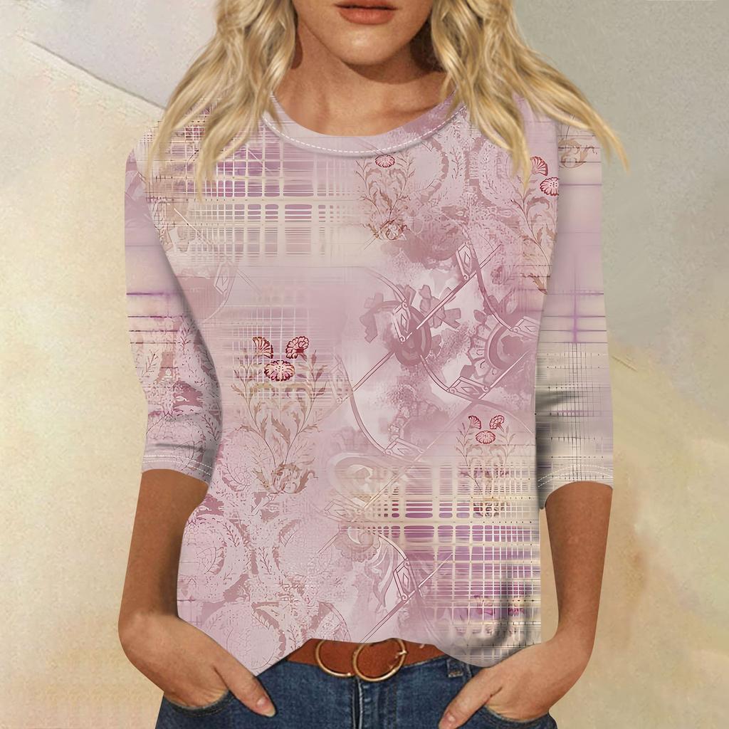 Женская мода, свободная рубашка с круглым вырезом и рукавом семь четвертей, винтажная повседневная футболка с цветочным принтом, топ