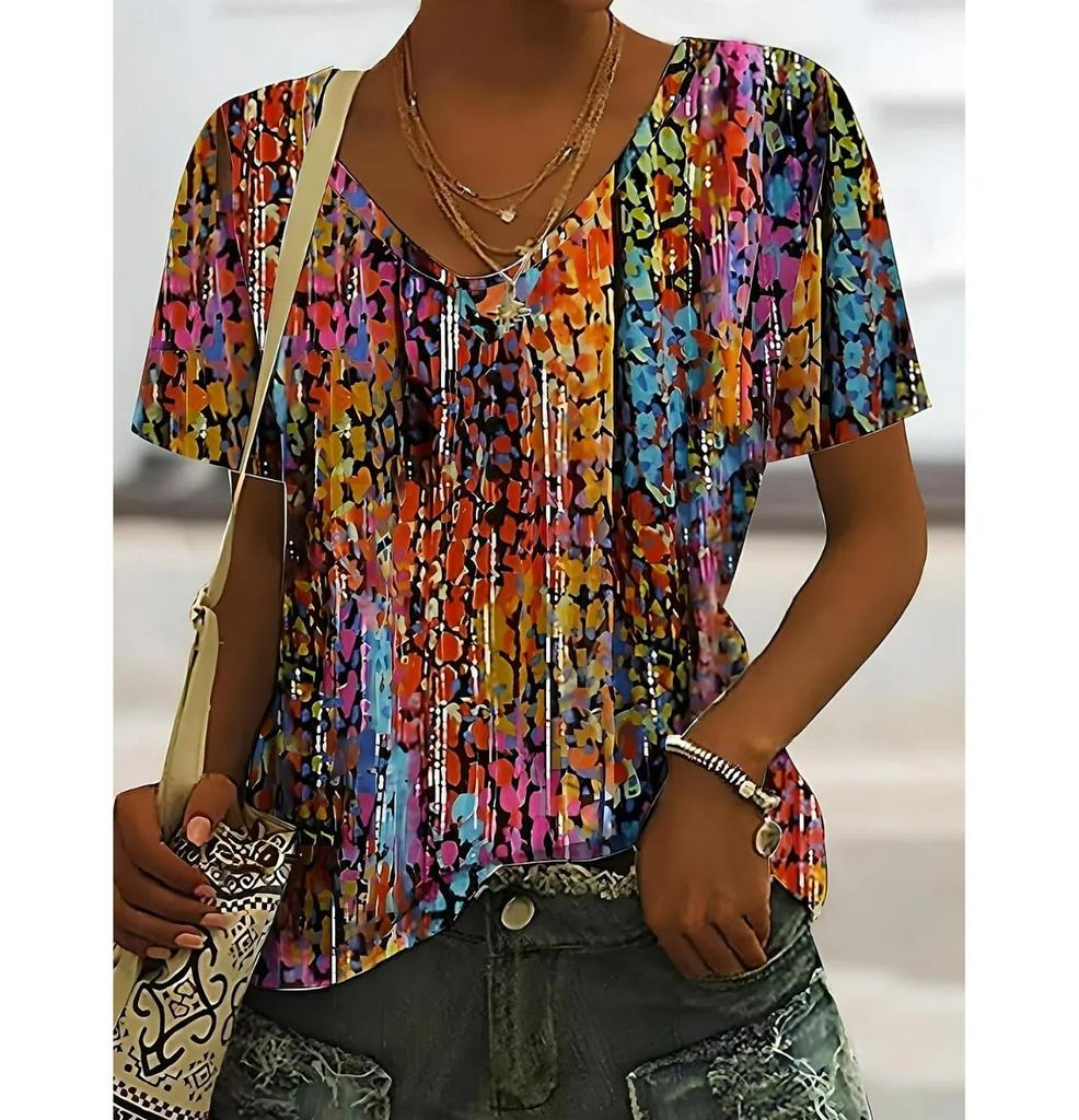 Футболка большого размера для женщин с винтажной цветочной графикой, модные топы с короткими рукавами и V-образным вырезом, летние повседневные футболки для женщин