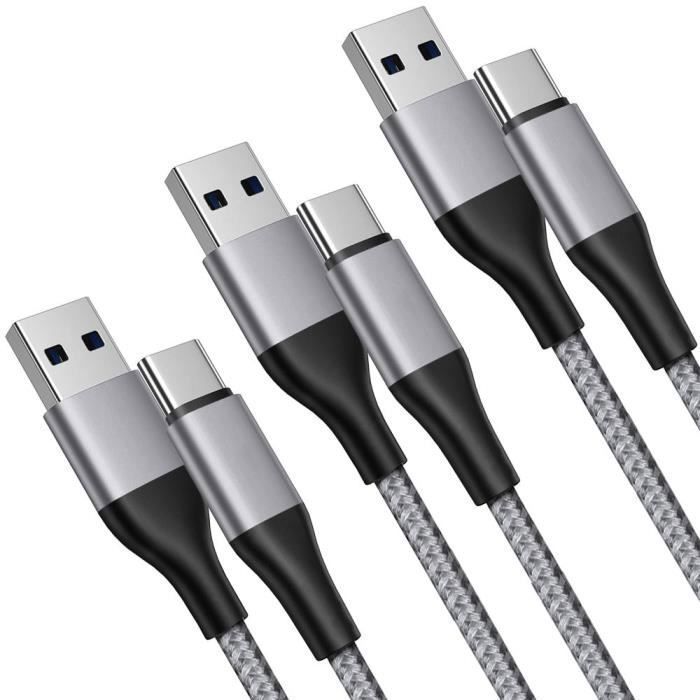 Lot-3 Câble USB-C 1M Charge Rapide 3A pour Samsung Galaxy A05s A15 A16 A25 A35 A55 A56 - Nylon Tressé Gris