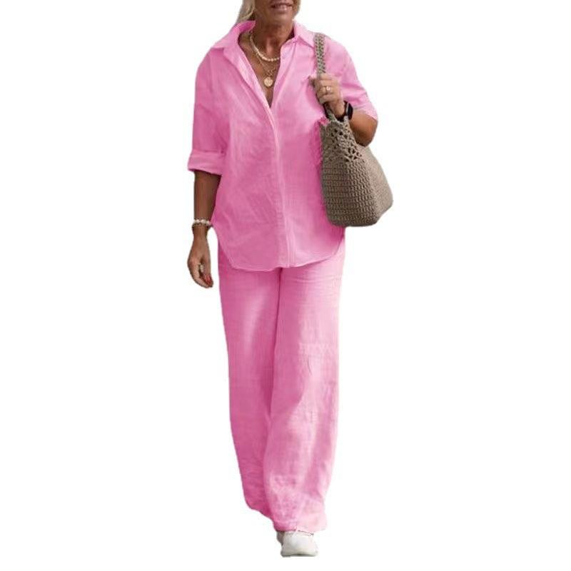Women 2 Piece Outfits 2023 Notched Lapel Long Sleeve Button Down Blouse and Wide Leg Pants Set Casual Tops and Bottom Suit Fall Spring