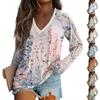 Women's Fashion Loose T-Shirt V-Neck Long Sleeve Vintage Floral Print Casual Top
