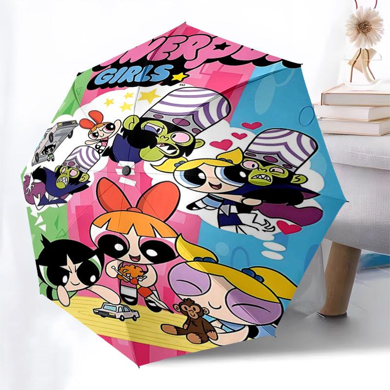 1pc Powerpuff Girls Automatic Opening Folding Umbrella with 8-Bone Iron Frame, Portable Design for Outdoor Use, Perfect Gift for Fans, Travelers, and