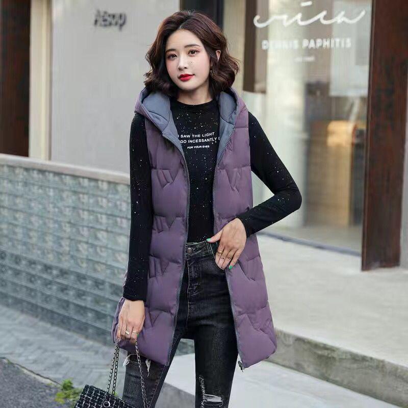 Autumn and Winter Women's Solid Color Loose Vest Hooded Long Reversible Vest Jacket Cotton Padded Women's Windproof Warm Vest