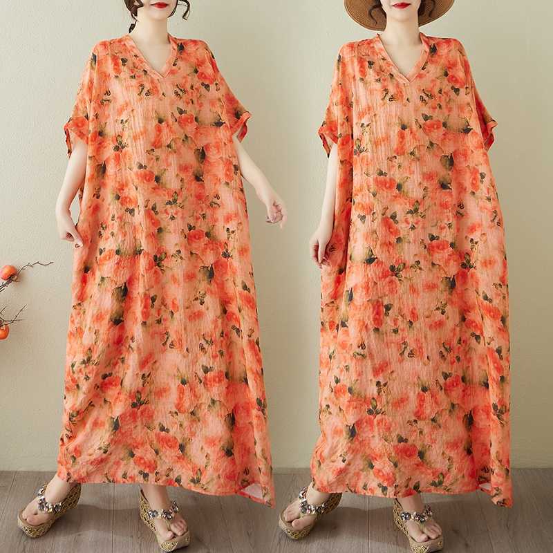 Women's Vintage Long Dress with Cotton and Linen Patterns