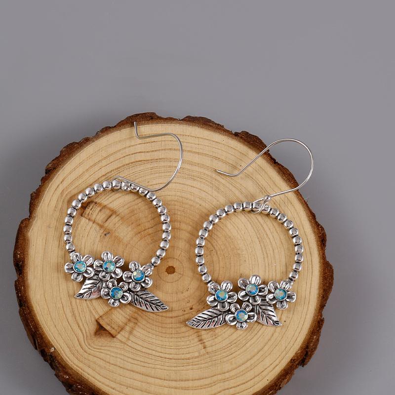 Полый круглый дизайн с цветочным декором, висячие серьги с инкрустацией синтетическими драгоценными камнями, ретро богемный стиль, нежный женский подарок