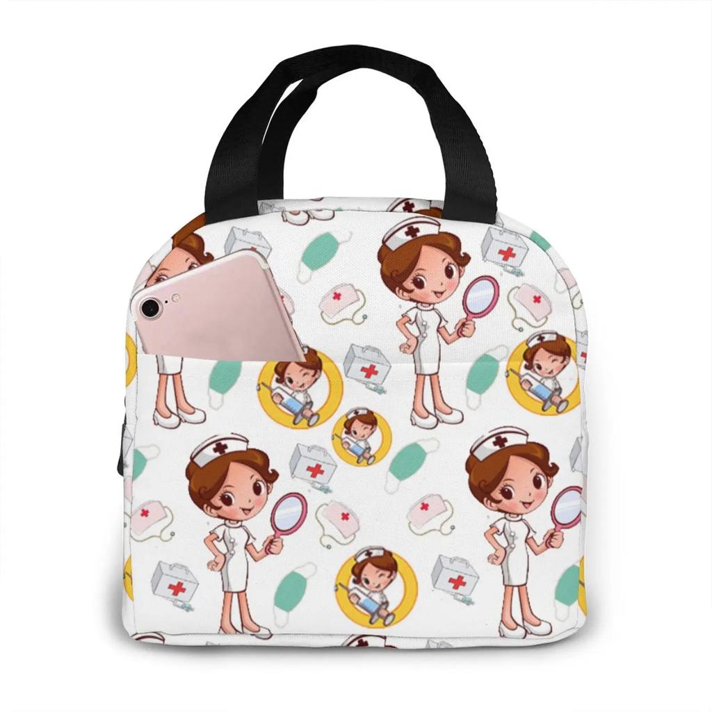Travel Nurse Bag Insulated Lunch Bags Women Cartoon Nurse Print Food Case Cooler Warm Bento Box for Kids Lunch Box Picnic Bag