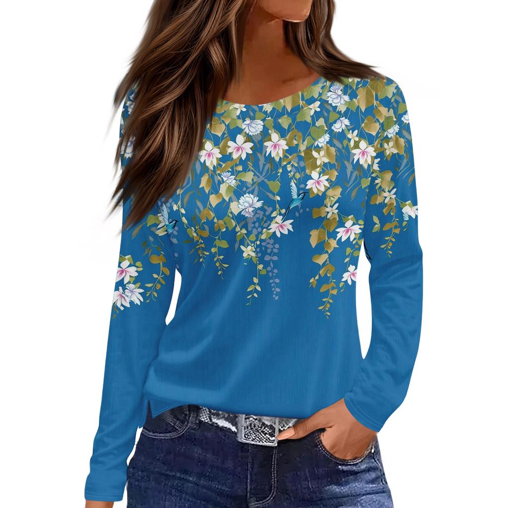 Женская модная повседневная свободная футболка с принтом и круглым вырезом с разрезом и длинным рукавом, женский топ