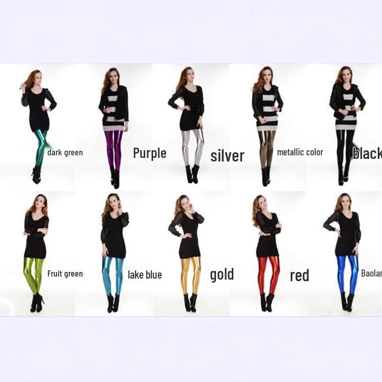 European-American Fashion Faux Patent Leather Mid-Waist Stretch Pants - Bright, Nine-Point Length