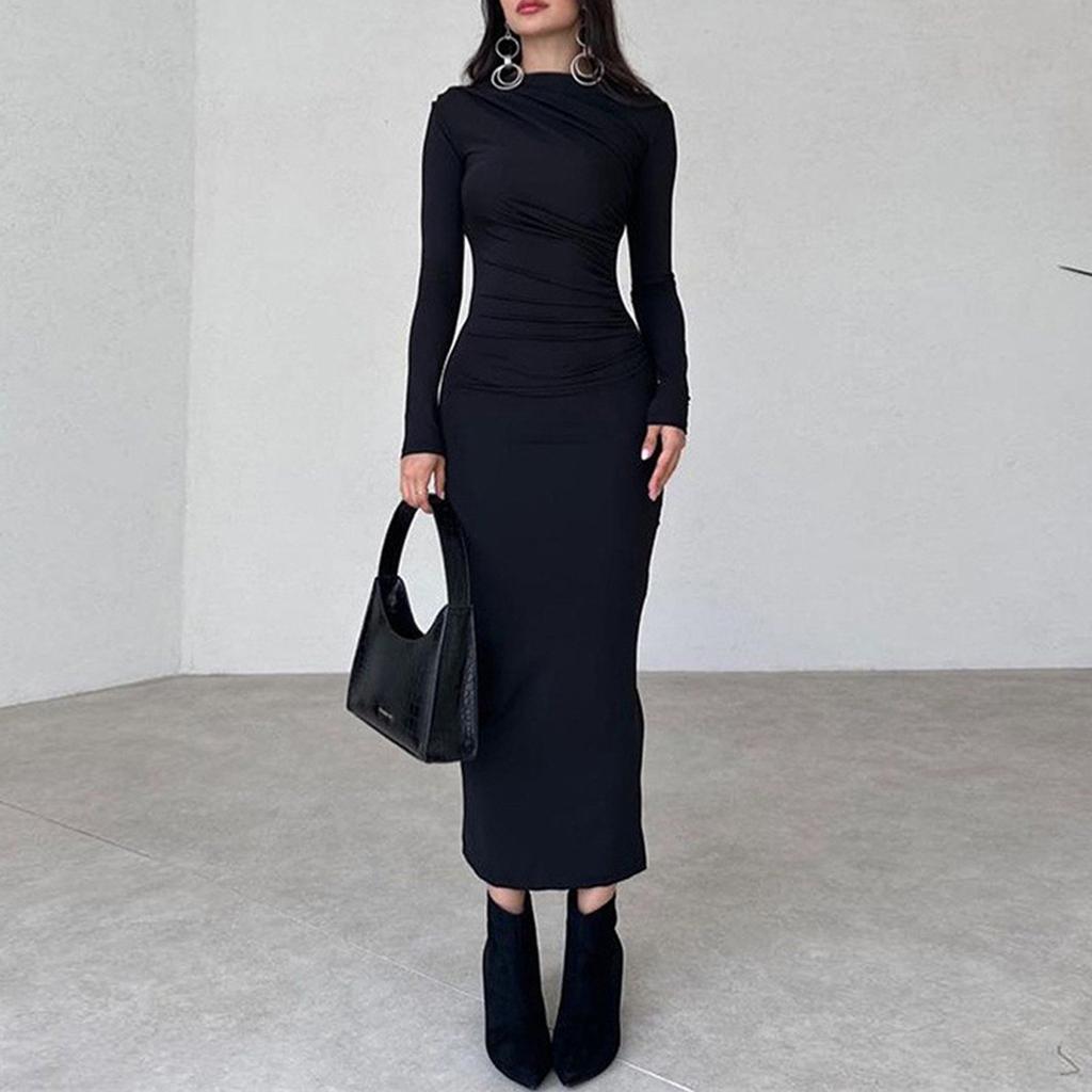 Женские осенние облегающие платья макси с длинным рукавом, сексуальное облегающее коктейльное платье с рюшами на шее