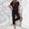 2 Pcs/Set Women Top Pants Suit Hollow O Neck Short Sleeves Pockets Lace-up Waist Solid Color Casual Loose Breathable Lady Daily T-shirt Trousers Set