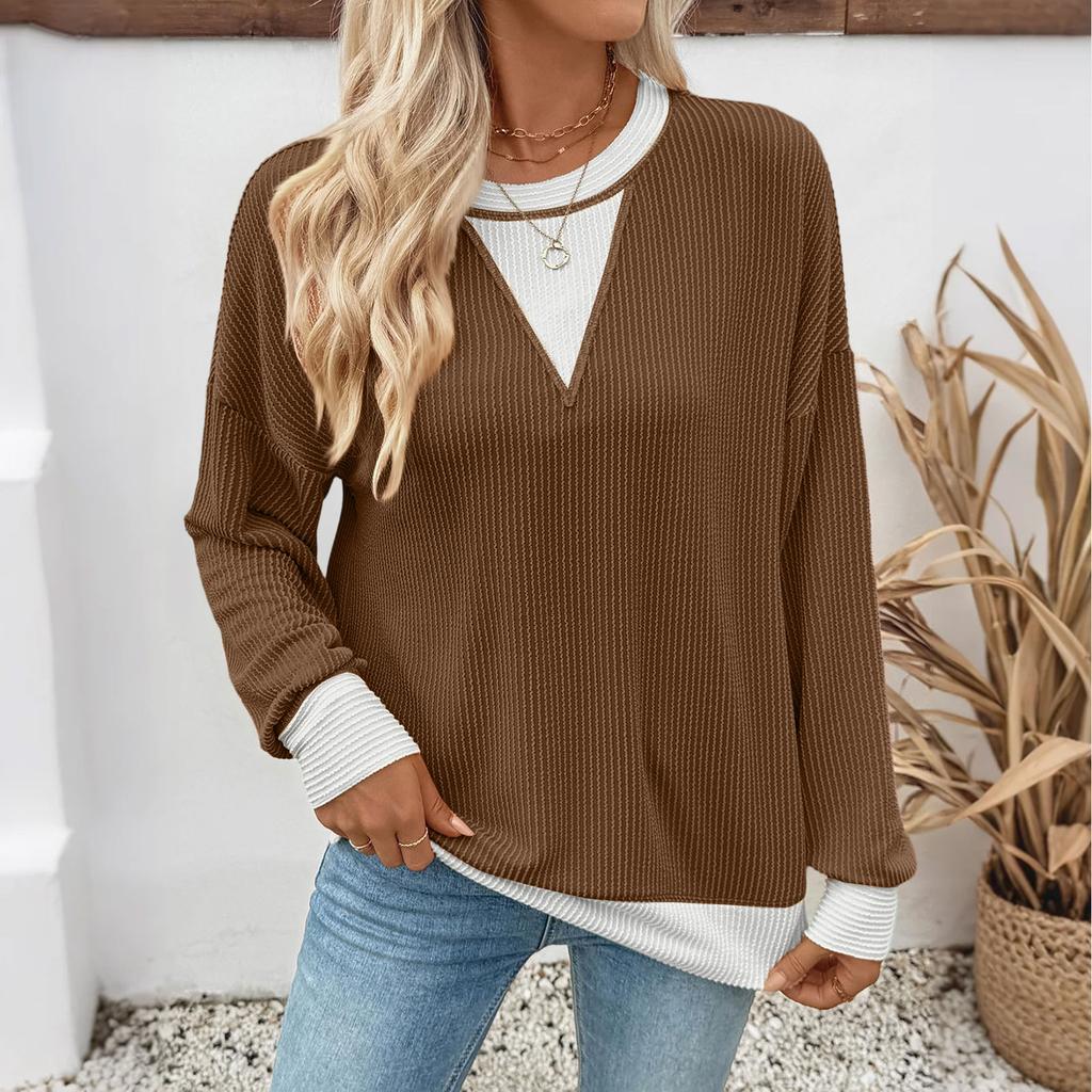 Женский повседневный свободный свитшот колор-блок с круглым вырезом и длинным рукавом с полосками в виде скруток