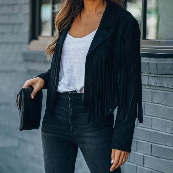 Женская повседневная куртка с кисточками, длинными рукавами, лацканами, укороченное пальто из искусственной замши, байкерская верхняя одежда на весну и осень