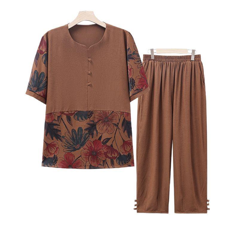 Летний комплект больших размеров с коротким рукавом для женщин среднего и пожилого возраста - Свободный облегающий костюм-двойка