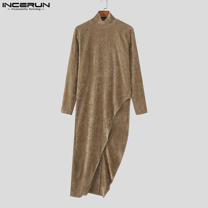 INCERUN Autumn Men Turtleneck Long Sleeve High Splits Tunic Tops Pullovers